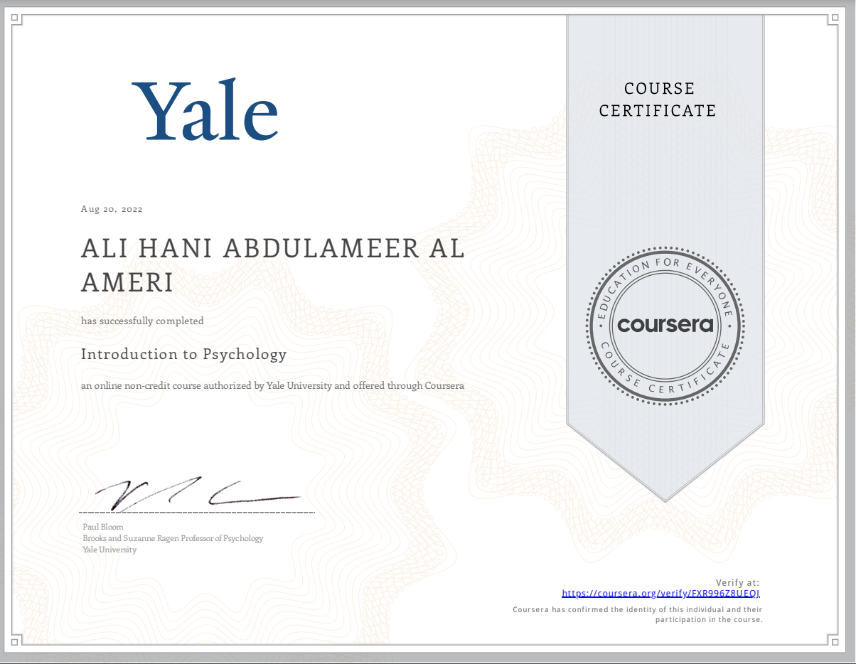 Ali's Psychology Certificate